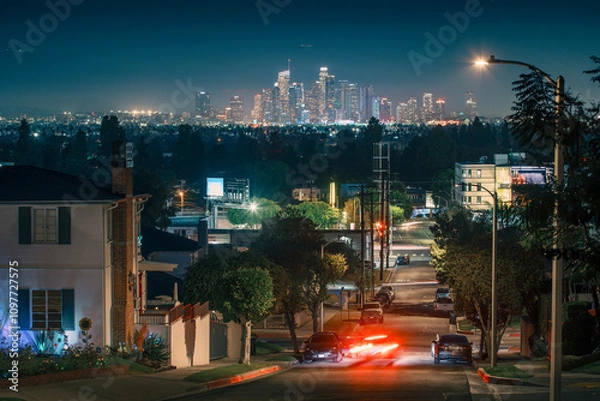 Fototapeta City of Los Angeles skyline at night, picturing local street traffic and downtown LA skyline in the background.
