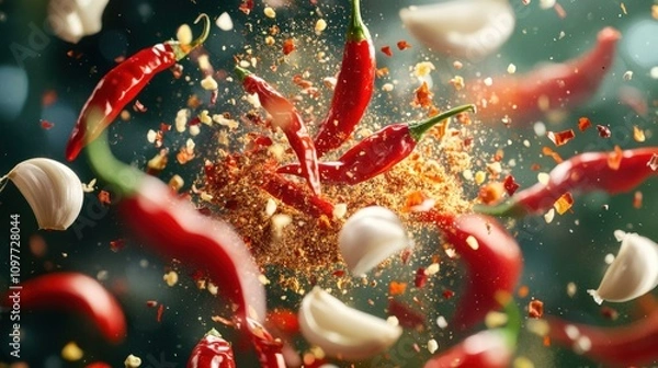 Fototapeta Bright red chili peppers and garlic cloves tumbling through the air, with flakes of dried chili and pepper powder spiraling around them, contrast dramatic look spice-infused restaurant menu