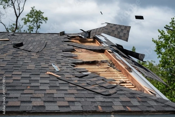 Fototapeta A roof severely damaged by strong winds, with missing shingles and exposed wooden beams. The destruction highlights structural vulnerabilities, suitable for insurance claims and repair assessments.