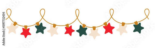 Obraz Christmas lights garland with colored star bulbs. Xmas festive string decoration with hanging retro ball. Glowing string with lamps for holiday cards, banners, posters, web. Vector illustration.