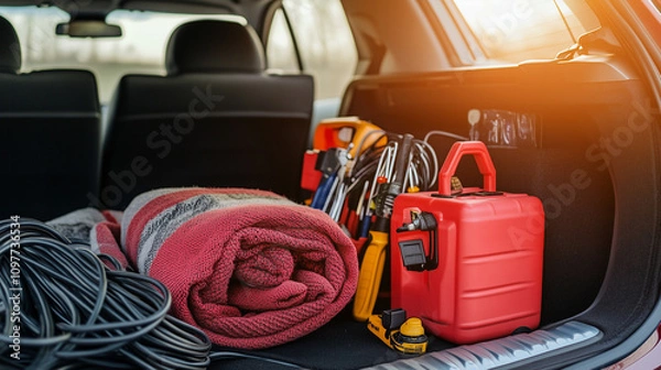 Fototapeta Emergency car kit with blanket and tools in vehicle trunk