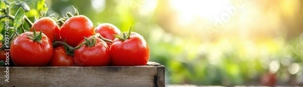 Obraz Ripe red tomatoes overflowing from a rustic wooden crate on a simple table a still life of fresh produce