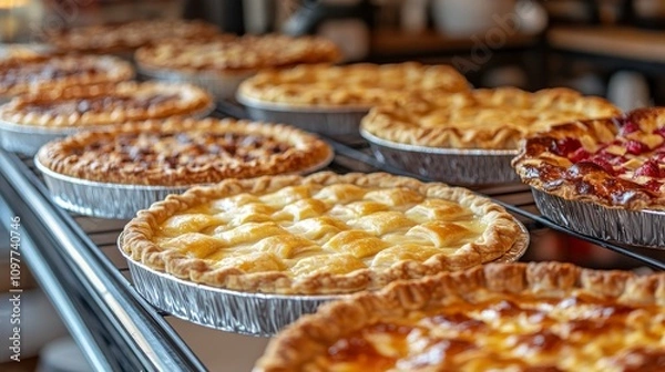 Obraz A row of golden-brown pies cooling on a metal rack in a bakery kitchen