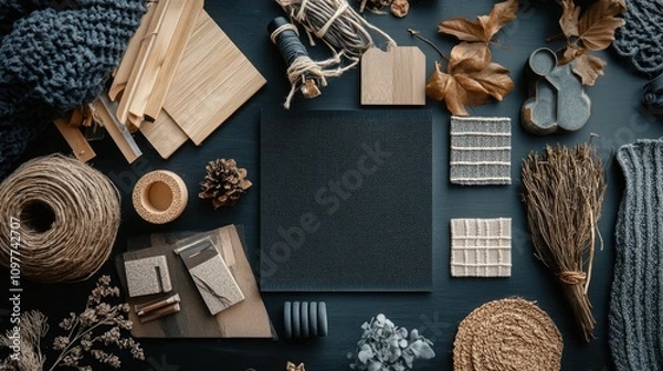 Fototapeta Flatlay showcasing a mood board with earthy tones and textures.  Various natural materials, fabrics, and design elements are arranged on a dark background.