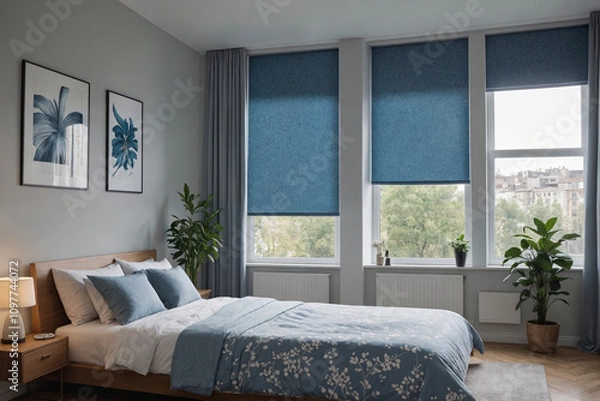Fototapeta Blue blackout roller blind with pattern prints on windows in stylish modern living room. Shutters on the plastic window.