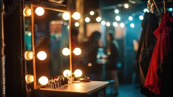 Fototapeta Illuminated mirror on a table with makeup in a backstage dressing room with a blurred background and soft atmospheric lighting
