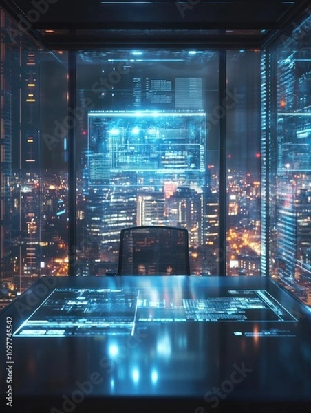 Fototapeta Digitally generated hologram interface in office overlooking city