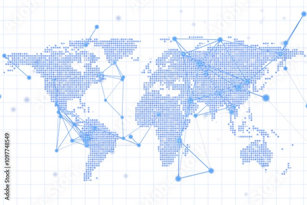 Fototapeta Abstract digital world map with dotted continents, connected nodes, grid background, light blue lines. Concept of global network technology. 3D Rendering.
