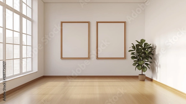 Fototapeta Two blank picture frame scenes on the wall of a cozy room
