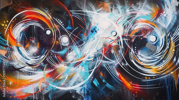 Fototapeta An abstract spray painting capturing the energy and excitement of a music festival, with pulsating beats and swirling lights depicted in bold, dynamic strokes that convey