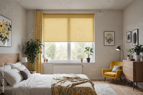 Fototapeta Yellow blackout roller blind with pattern prints on windows in stylish modern living room. Shutters on the plastic window.