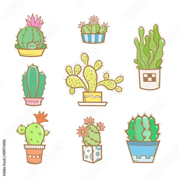 Obraz Set different cartoon cacti in pots. Eight species of cacti. Vector image. Doodle style.