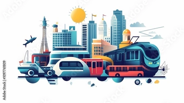 Obraz Vibrant Urban Transport Scene Featuring Diverse Vehicles and Iconic Skyscrapers in a Modern City Landscape Illustration