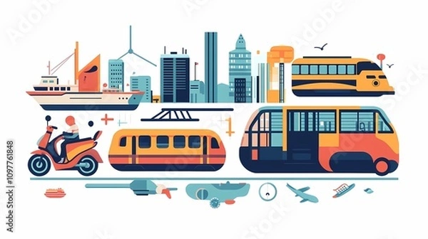 Obraz Colorful Urban Transportation Illustrations Featuring Boats, Trains, Buses, Motorcycles, and Cityscape Elements in a Modern, Vibrant Style