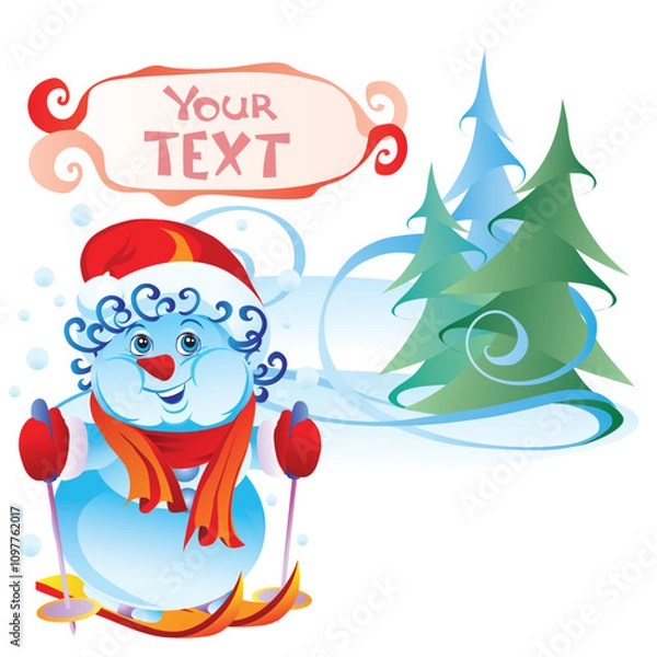 Fototapeta snowman on skis in the forest