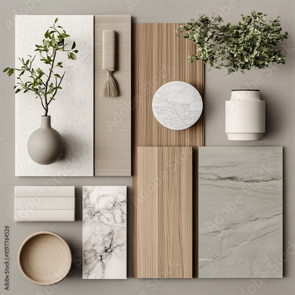 Fototapeta create a realistic japandi interior design mood board with wood, fabrics, marble tiles and plants with light colours 