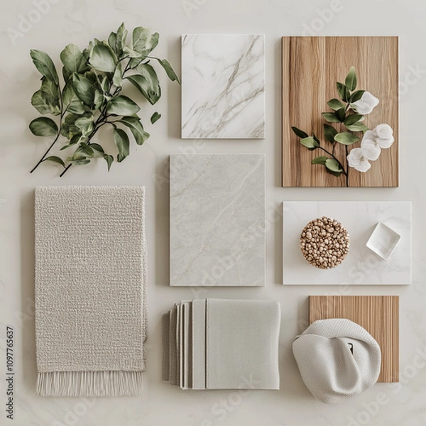Fototapeta create a realistic japandi interior design mood board with wood, fabrics, marble tiles and plants with light colours 