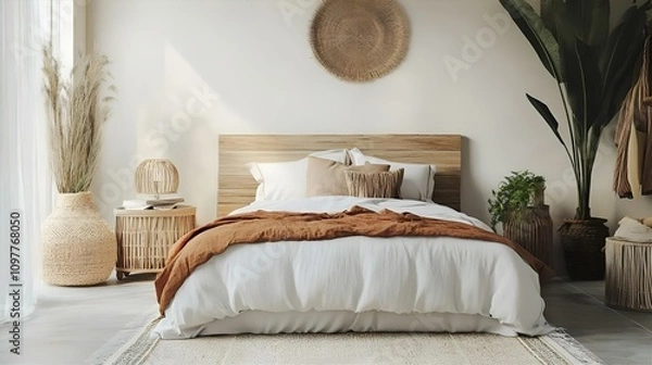 Fototapeta A serene and inviting bedroom featuring a light, neutral color palette, warm wooden accents, and natural textures like wicker and pampas grass