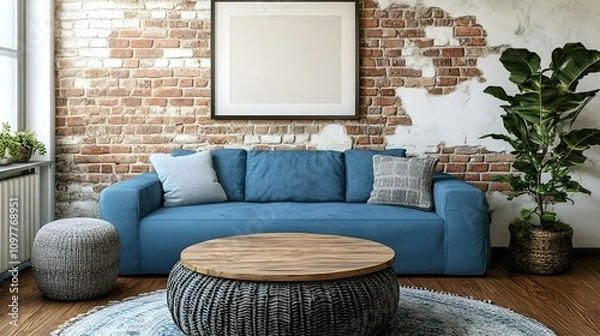 Fototapeta A stylish, modern living room featuring a deep blue sofa, a wooden coffee table, and exposed brick walls