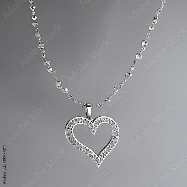 Obraz beautiful elegant silver necklace with diamond-studded heart charm/pendant on beaded chain