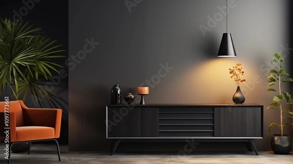 Fototapeta Interior of modern living room with black sideboard over white wall with wooden paneling. Contemporary room with dresser. Home design with poster