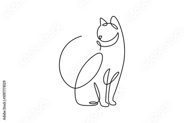 Fototapeta One continuous line drawing of cat sitting. Pet animal silhouette in simple minimal linear style. Elegance kitty Doodle vector illustration. 