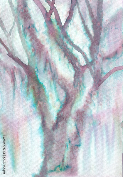 Fototapeta watercolor ink art, abstract trees, black and white illustration