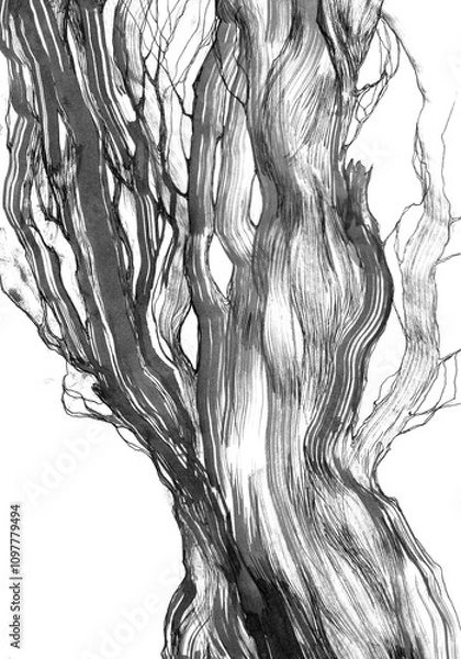 Fototapeta watercolor ink art, abstract trees, black and white illustration