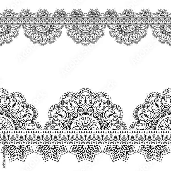 Fototapeta Seamless Indian Mehndi Pattern with floral border elements for card and tattoo on white background.
