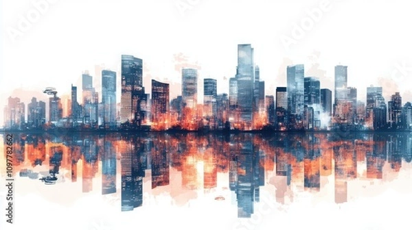 Fototapeta Futuristic City Skyline at Sunset with Reflective Structures