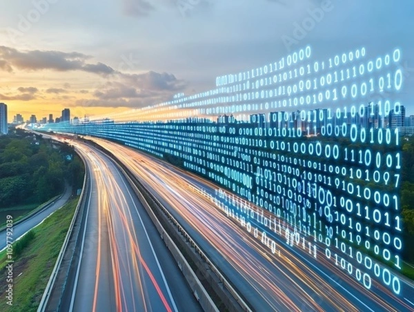 Fototapeta A dynamic highway scene integrates digital elements, showcasing a blend of technology and transportation against a sunset backdrop.