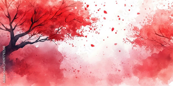 Fototapeta Chinese style painting. A serene landscape featuring vibrant red trees and falling petals, creating a dreamy, watercolor effect.