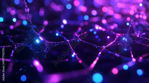 Fototapeta A microscopic visualization of neural networks, glowing in shades of purple and blue. The image represents the intricate connections of neurons and synapses, symbolizing thought processes, brain activ