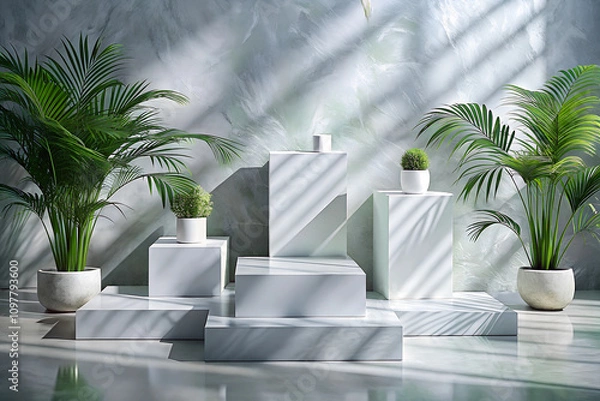 Fototapeta vibrant vivid White, rectangular stone slabs form a simple, clean product display podium. Suitable for showcasing cosmetic products or packaging
