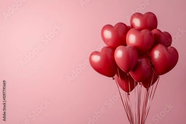 Fototapeta Red heart shaped balloons floating on a pink background, creating a romantic and festive atmosphere