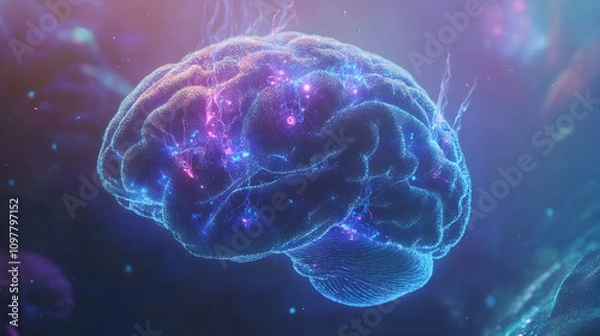 Obraz A glowing blue brain with luminous purple synaptic highlights, representing intelligence, connectivity, and advanced brain function in a futuristic visualization.


