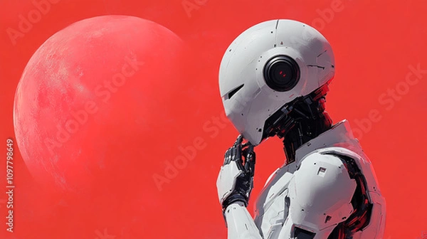 Fototapeta Thoughtful Robot on a Red Background with Artificial Intelligence Concept
