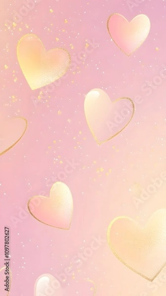 Fototapeta A subtle gold and pink gradient with light heart accents and an empty center space for showcasing products.