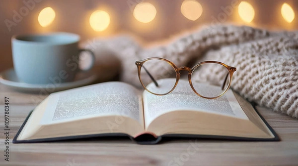 Fototapeta cozy scene featuring open book with glasses resting on it, alongside cup. warm bokeh lights in background create relaxing atmosphere perfect for reading