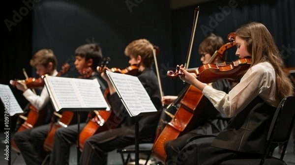 Fototapeta The band performs on stage, with students playing violin, cello and flute