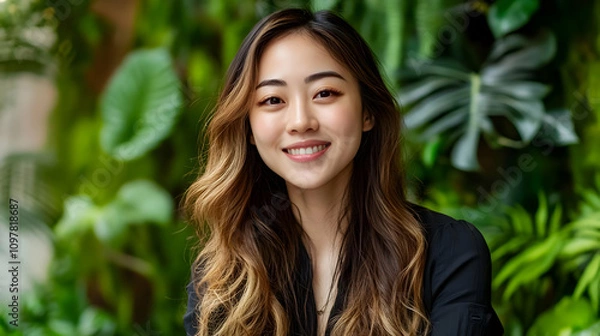 Fototapeta Blurry office background headshot - A smiling woman poses in front of lush greenery, showcasing a vibrant and cheerful atmosphere.