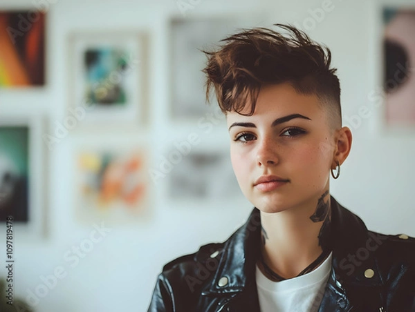 Fototapeta Blurry office background headshot - A portrait of a person with a stylish haircut and leather jacket, set against a gallery wall.