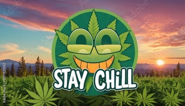 Obraz A cheerful creature crafted from marijuana leaves with glowing eyes, 'Stay Chill' text in vibrant colors above, set on a calm, earthy background