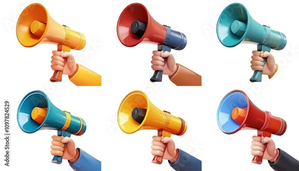 Fototapeta Collection of 3D cartoon-style icons featuring a hand holding a vibrating megaphone, isolated on a transparent background.