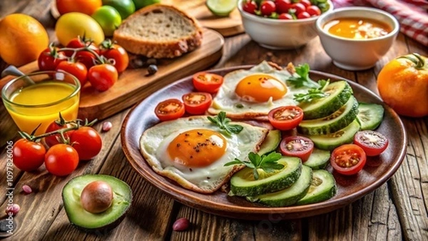 Fototapeta Colorful and Delicious Breakfast Spread Featuring Fried Eggs, Avocado, Cherry Tomatoes, Ham, and Oranges on a Rustic Wooden Table