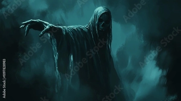 Fototapeta A dark, eerie image featuring a skeletal figure cloaked in tattered robes, reaching forward ominously. The scene evokes mystery and fear, with an ominous, shadowy background.. AI Generation