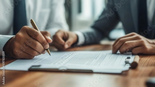 Obraz Lawyers debating over fine print in a contract during a negotiation, legal agreement, contract analysis