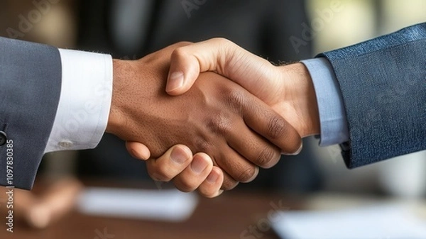 Obraz Two business professionals shaking hands across a table, agreement, successful negotiation outcome