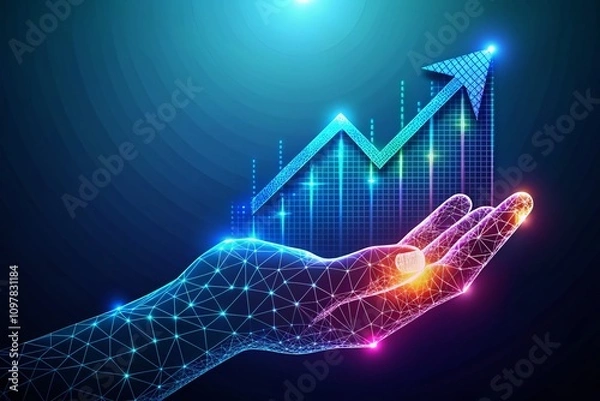 Obraz Continuous Line Drawing of a Hand Depicting an Ascending Growth Graph in a Panoramic Style, Perfect for Business and Financial Themes, Symbolizing Progress and Success