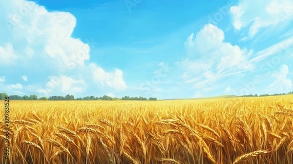 Fototapeta Vibrant golden wheat field under a bright blue sky with fluffy clouds.